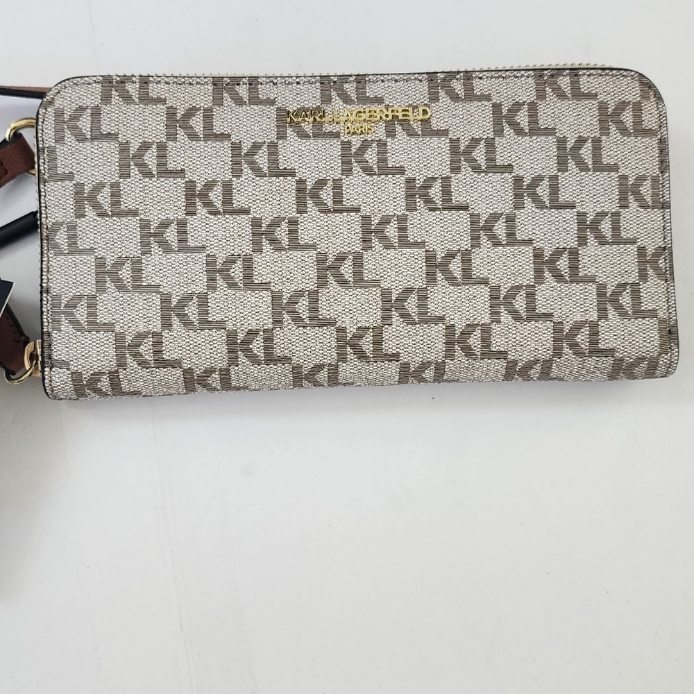 Karl Lagerfeld Monogram Brown Leather Wristlet Taupe Women's Crossbody - Picture 4 of 13